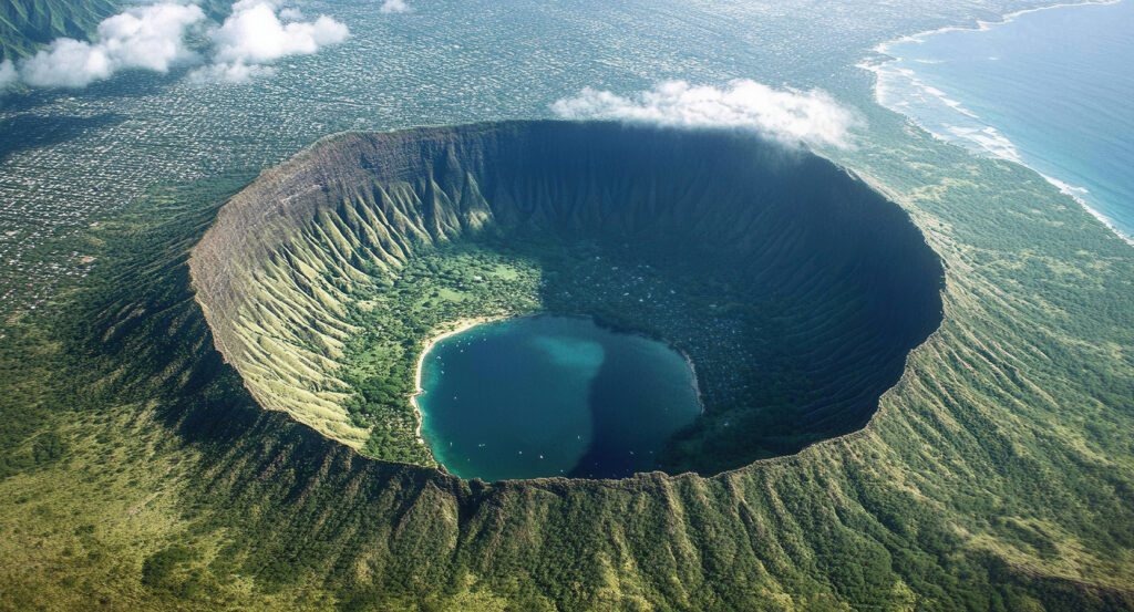 Diamond Head volcanic crater and lush green slopes overlooking the Pacific Ocean in Oahu.