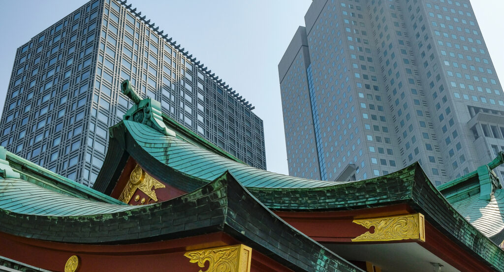 Traditional architecture contrasting with glass towers in Akasaka district Tokyo