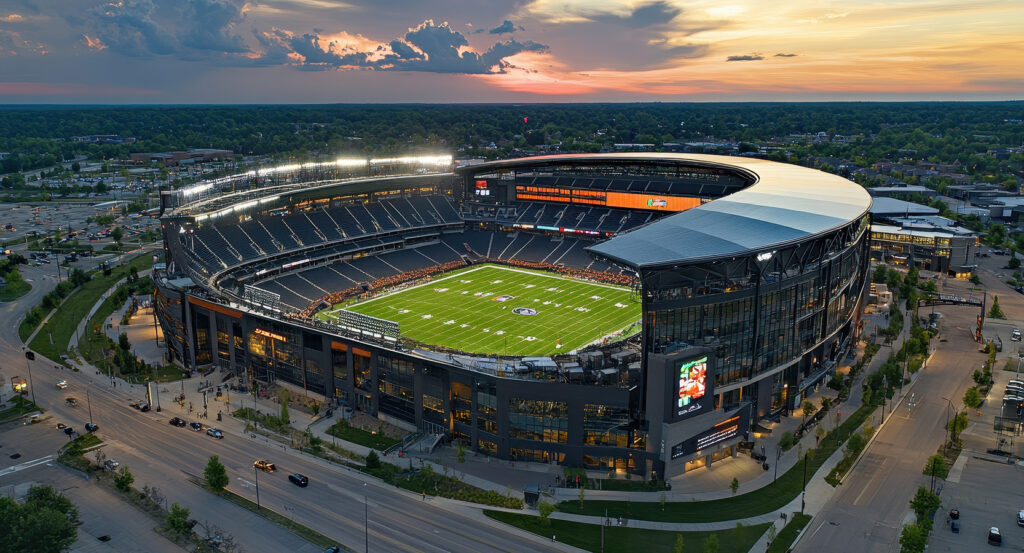 Fans cheering inside Allegiant Stadium during a night game