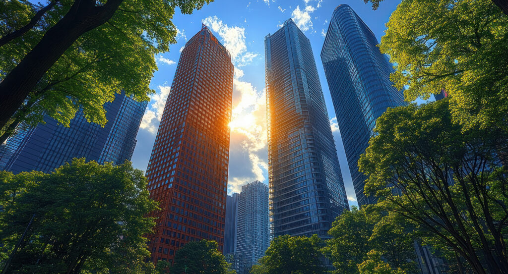 Greenery at the base of Azabudai Hills skyscrapers in Tokyo