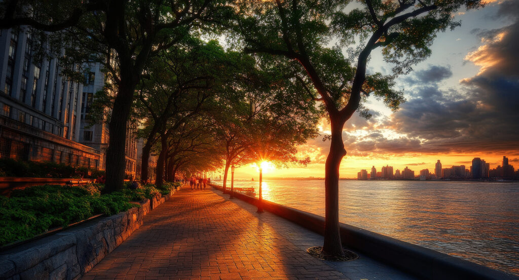 Trees lining Battery Park walkway with Hudson River view