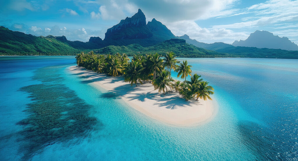 Pristine Motu Tapu beach with palm trees and Bora Bora’s mountains in the background