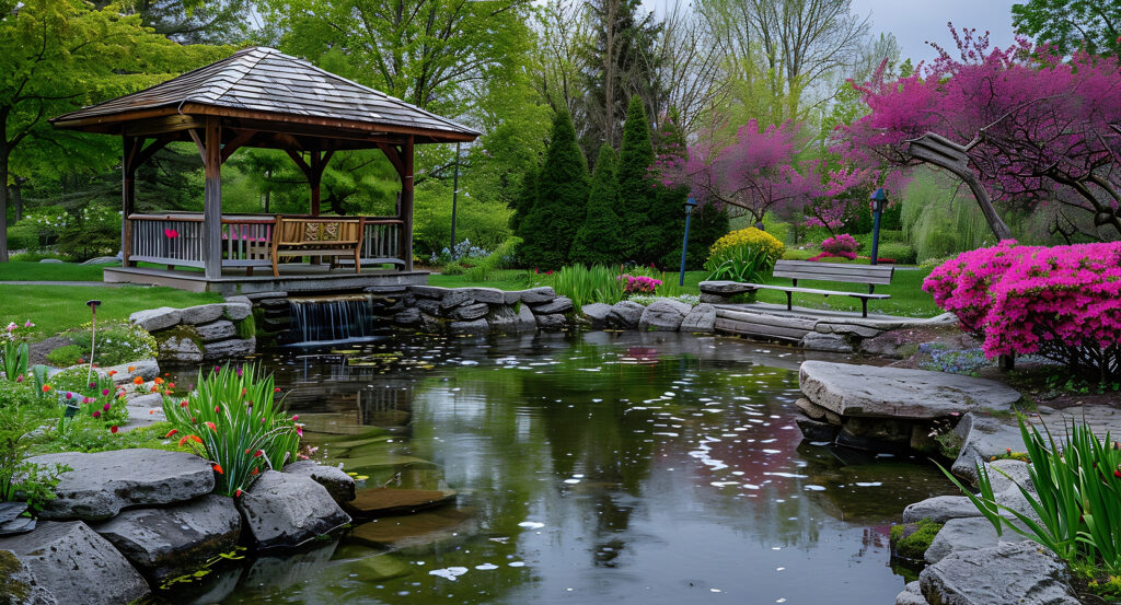 Colorful flowers and walking paths in Montreal Botanical Garden