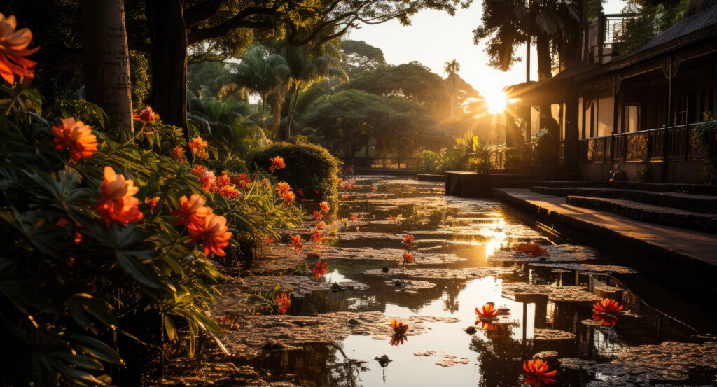 Tropical flowers and pathways inside Brisbane Botanic Gardens Mt Coot-tha