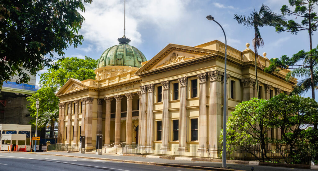 Neoclassical façade of Customs House in Brisbane