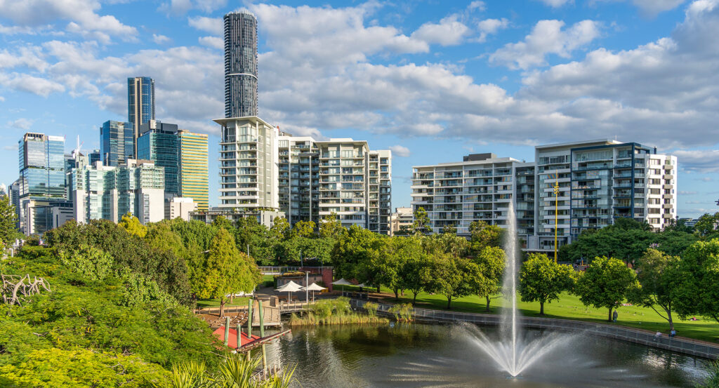 Scenic view of Roma Street Parkland in Brisbane with lush greenery and city towers