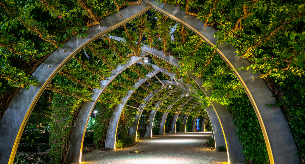 Southbank Parklands riverside walkway in Brisbane at night