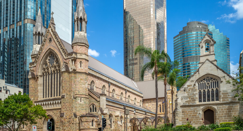 Gothic sandstone façade of St. Stephen's Cathedral in Brisbane
