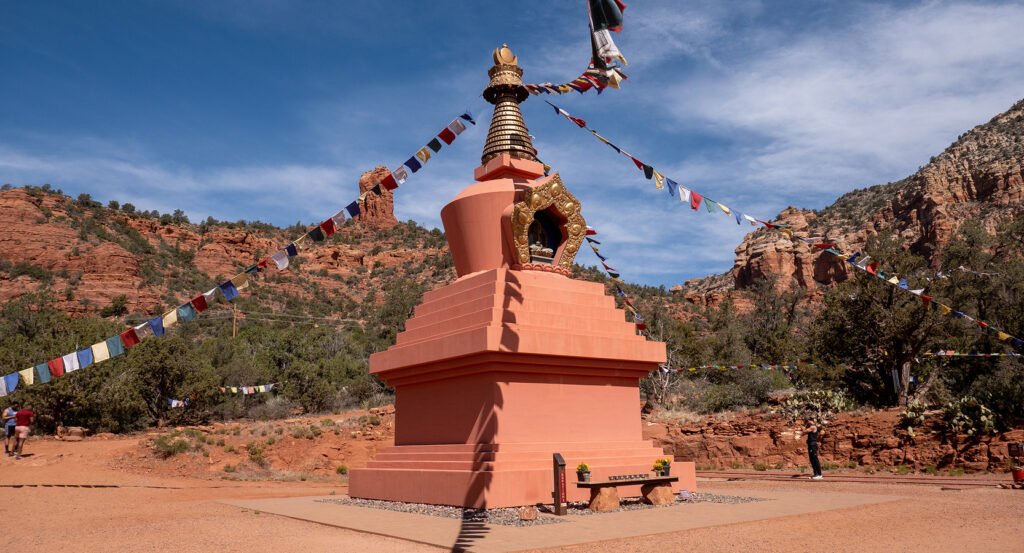 Buddhist stupa against Sedona's red rock landscape