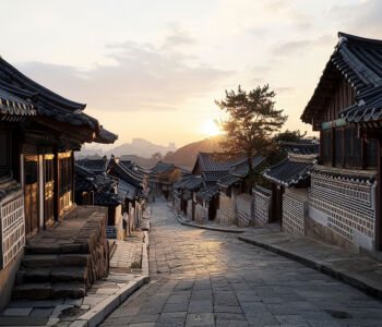 Traditional hanok houses lining a stone alleyway in Bukchon Hanok Village at sunrise, with warm light illuminating tiled roofs and the distant Seoul skyline.
