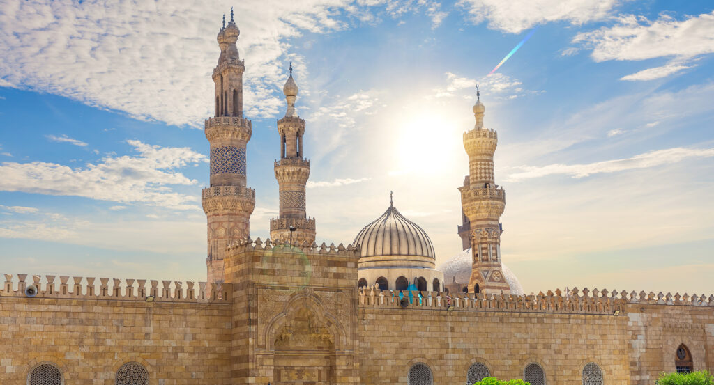 Courtyard view of Cairo's Al-Azhar University with mosque domes