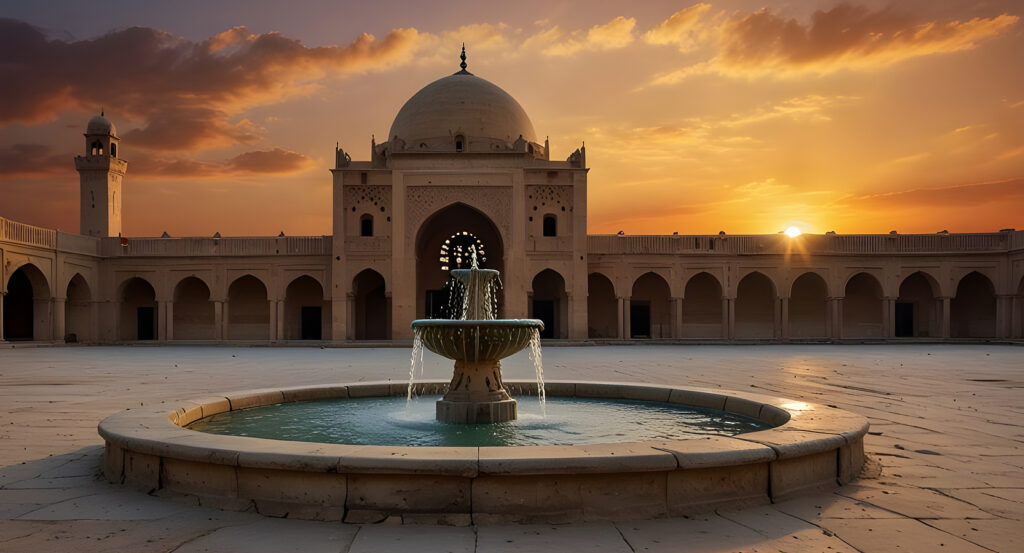 Fountain and arches inside Cairo's Ibn Tulun Mosque