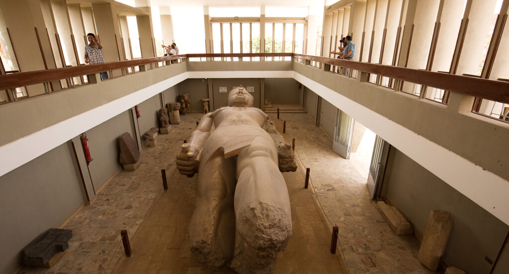 Interior of Memphis Open-Air Museum in Egypt with colossal statue