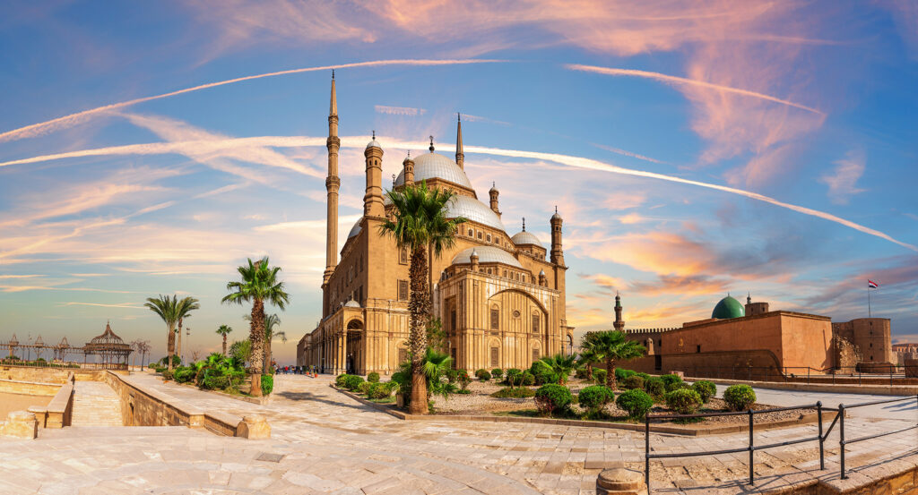 Interior domes and chandeliers of the Muhammad Ali Mosque in Cairo