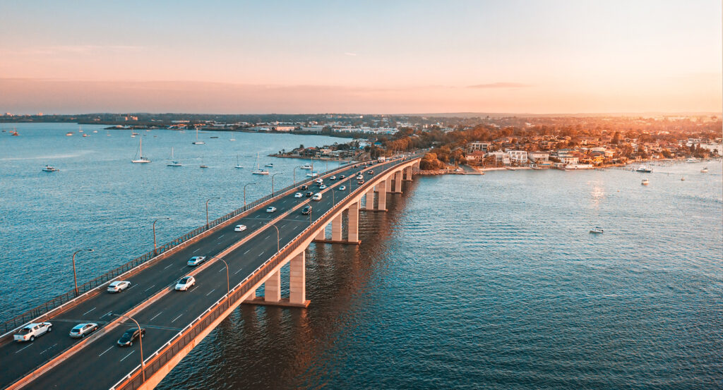 Sunset view of Captain Cook Bridge spanning the Brisbane River