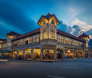 Central Market building in Kuala Lumpur lit up at dusk