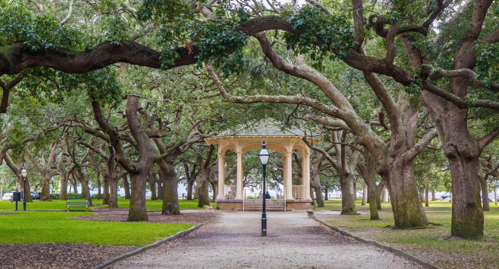 Gazebo surrounded by live oaks at White Point Garden Charleston