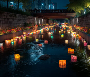 Colorful lanterns floating along Cheonggyecheon Stream at night in Seoul, with illuminated walkways and flowers lining the water.