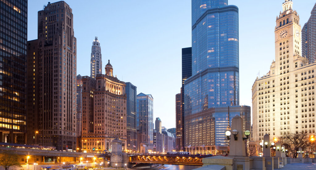 Busy shopping street on Magnificent Mile in Chicago with people and storefronts