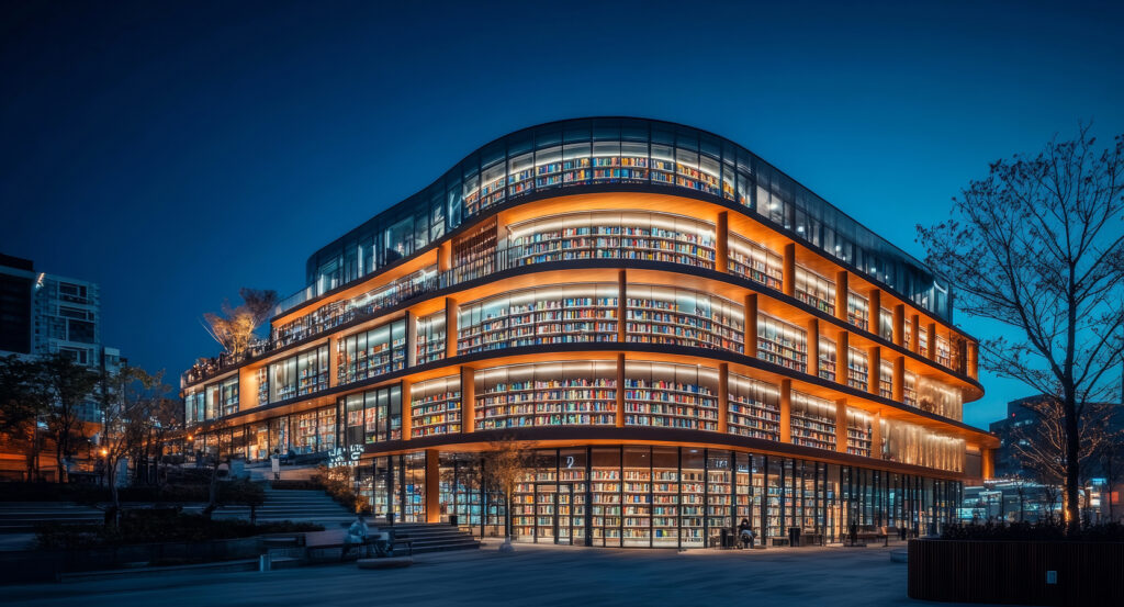 Seoul’s Coex Mall with glowing library façade at dusk