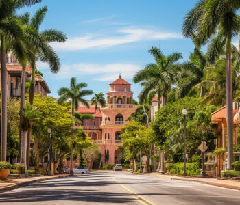 Tree-lined street in Coral Gables with Mediterranean Revival architecture, palm trees, and historic pastel buildings under clear blue skies.