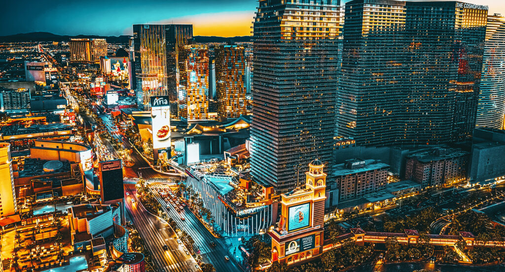 Rooftop view of Cosmopolitan Las Vegas with lights and nightlife energy