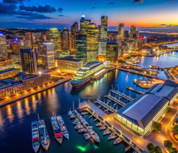 Aerial night view of Darling Harbour in Sydney, showcasing illuminated skyscrapers, marina yachts, and vibrant waterfront promenades reflecting across the harbor.