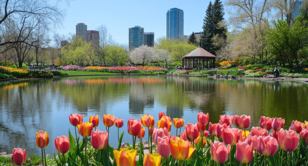 Gazebo view at Denver Botanic Gardens with city skyline