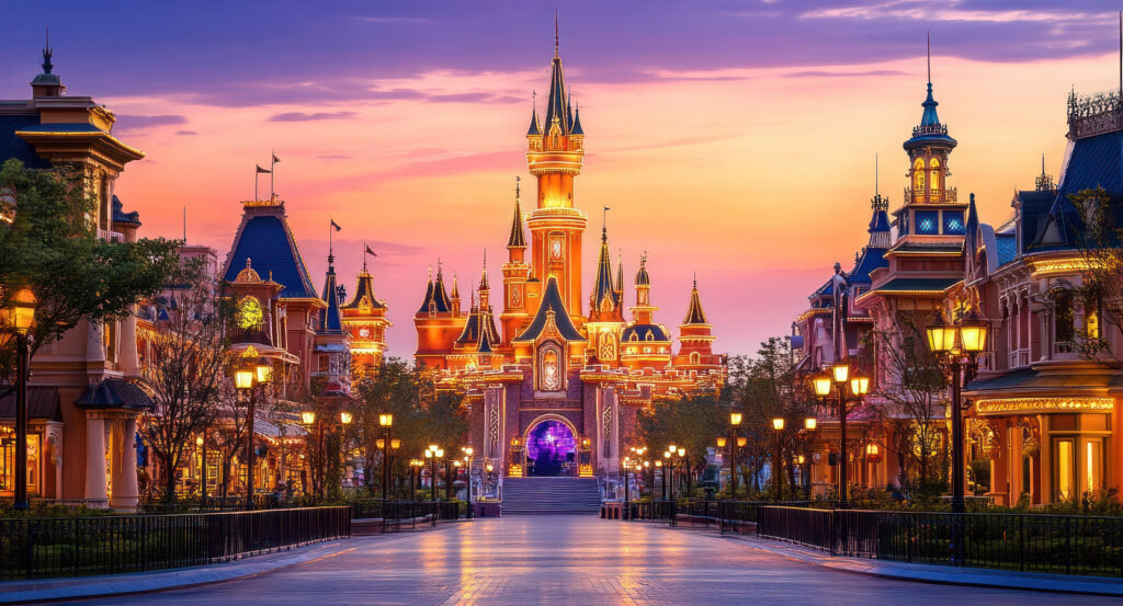 The glowing Enchanted Storybook Castle at Shanghai Disneyland