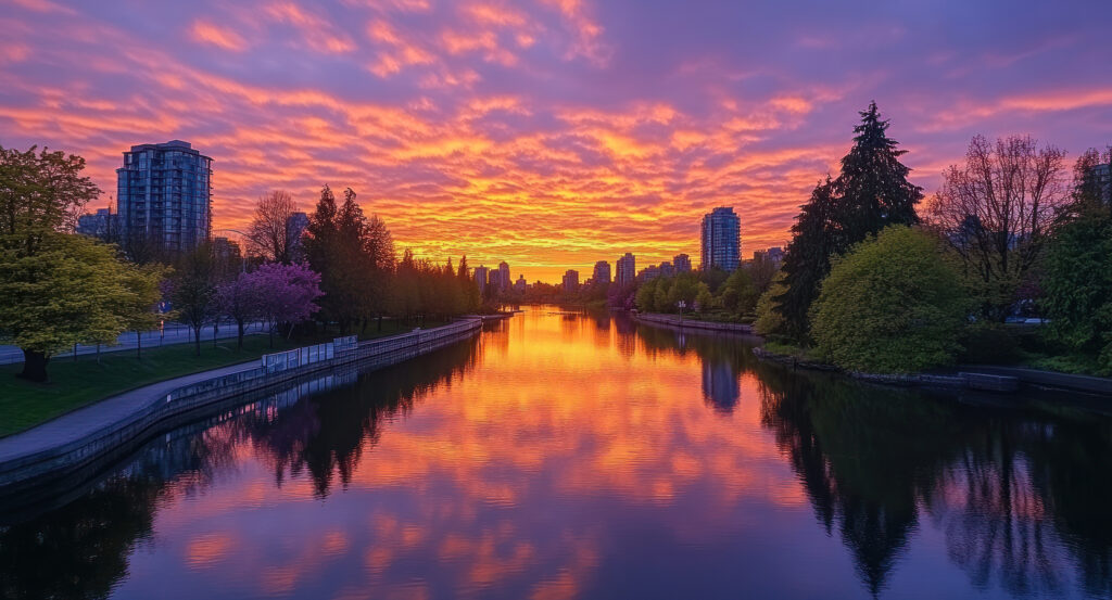 City skyline reflecting in False Creek water at dusk