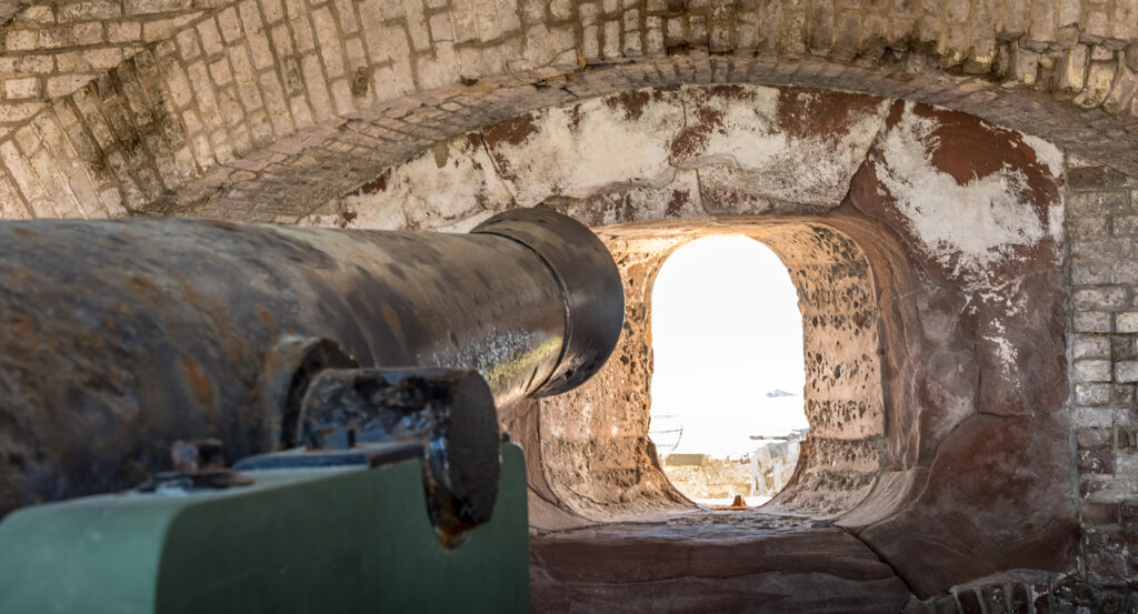 Fort Sumter overlooking Charleston Harbor with cannon view