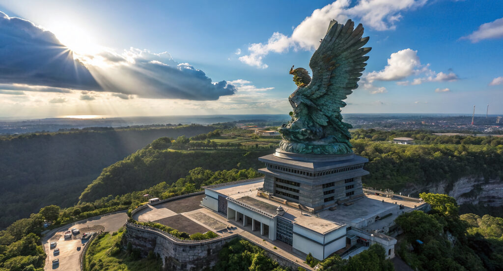 Monumental Garuda Wisnu Kencana statue at GWK Cultural Park surrounded by greenery and sky