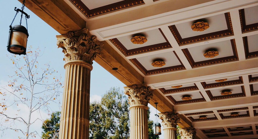 Garden and architectural details of Getty Villa in Malibu