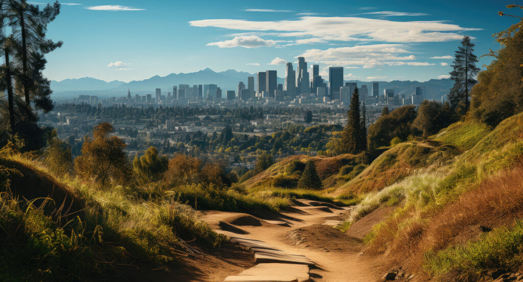 Griffith Park view of downtown Los Angeles with mountains in background