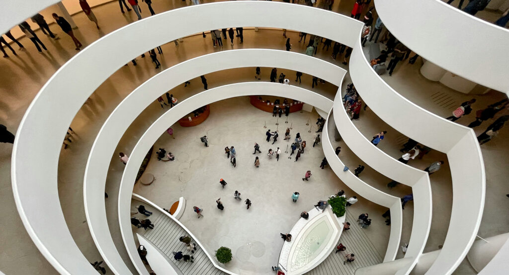 Exterior architecture of the Guggenheim Museum designed by Frank Lloyd Wright