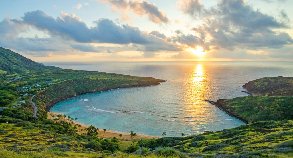 Aerial of Hanauma Bay’s volcanic crater and reef