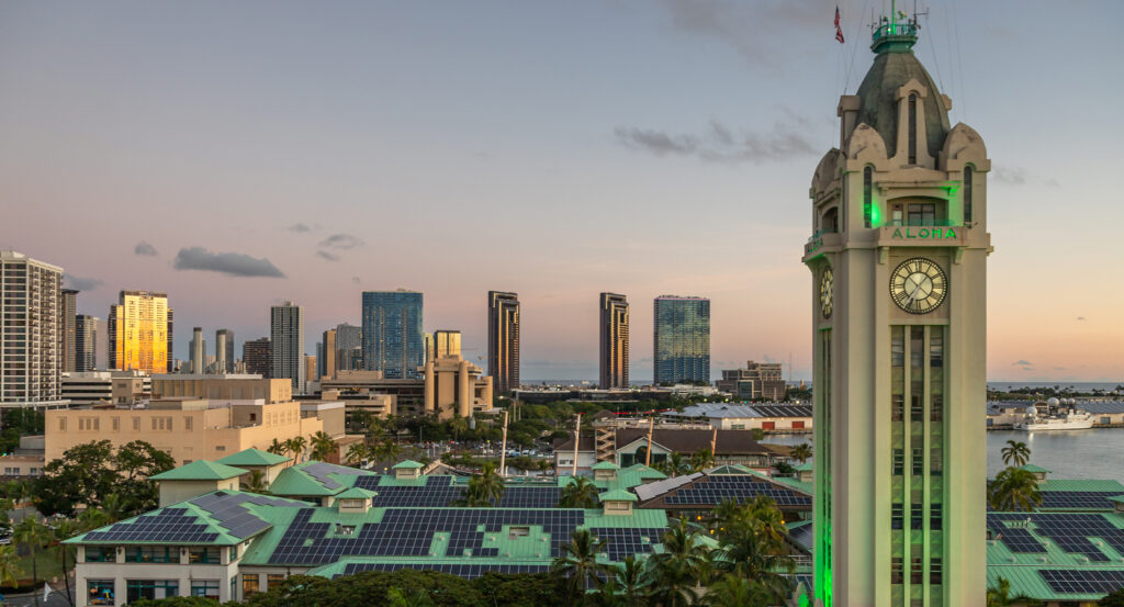 Aloha Tower with Honolulu skyline and waterfront view