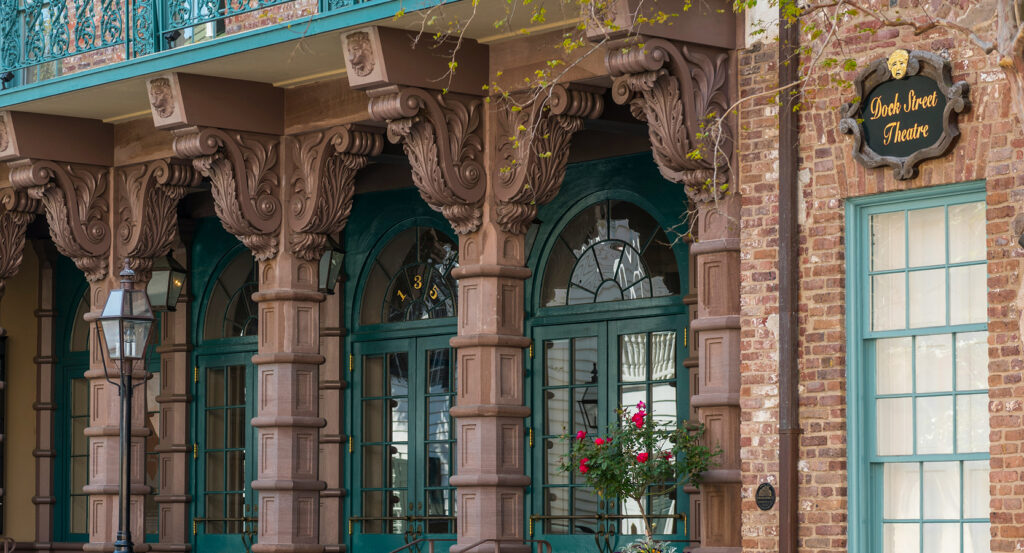 Historic Dock Street Theatre with ornate columns in Charleston