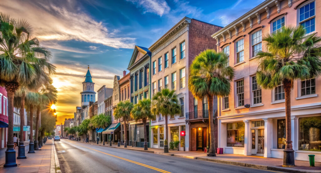 Palm trees and colorful architecture along Charleston's Historic King Street at dusk
