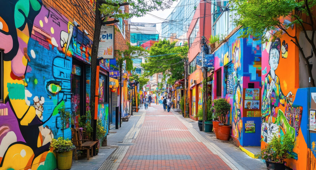 Vibrant alleyway in Hongdae with street art and shops