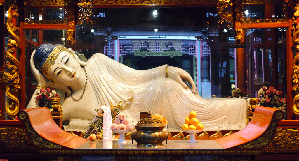 Interior of Shanghai’s Jade Buddha Temple with ornate details