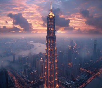 Jin Mao Tower rising through sunset mist above the Shanghai skyline with warm golden lights.