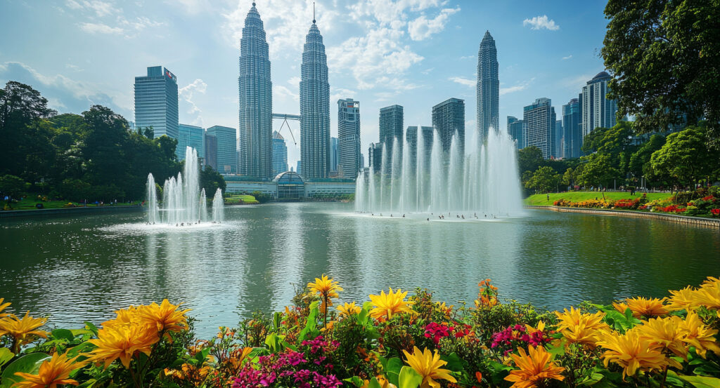 Flowers in bloom overlooking the lake and skyline at KLCC Park