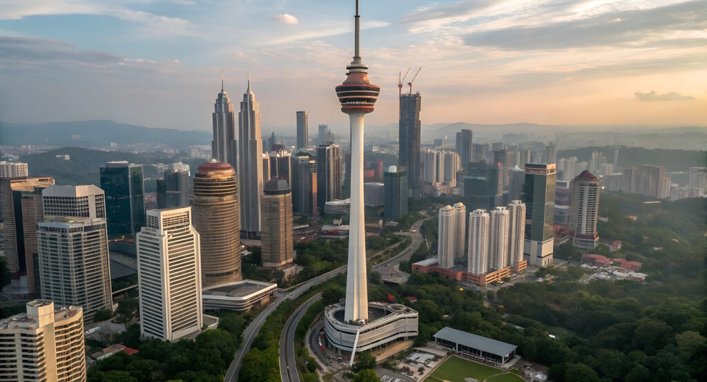Aerial view of KL Tower surrounded by skyscrapers at sunset
