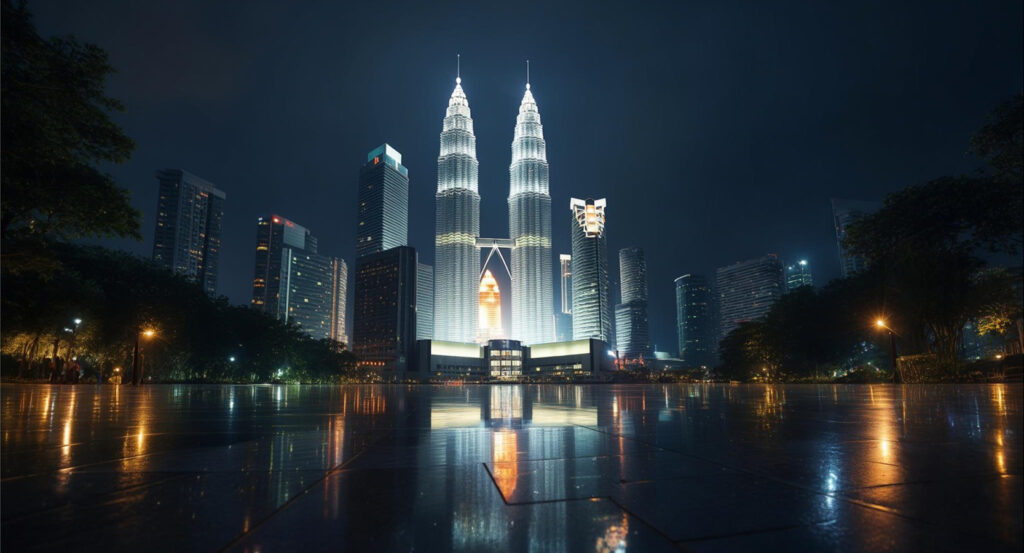 Kuala Lumpur skyline with Petronas Twin Towers glowing at night