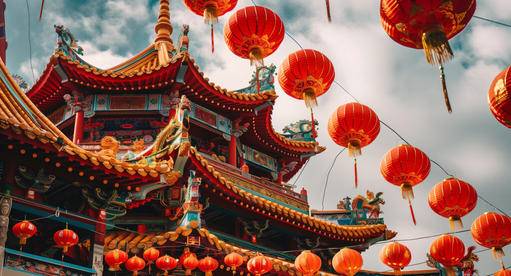 Traditional Chinese architecture of Thean Hou Temple under lanterns