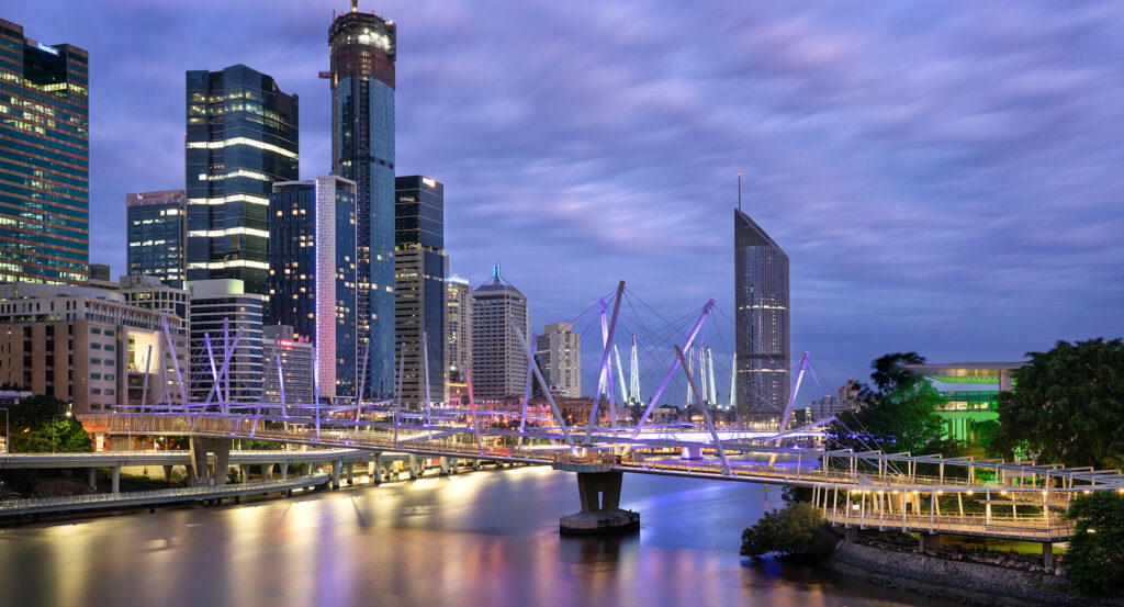 Kurilpa Bridge with river and skyscrapers in view