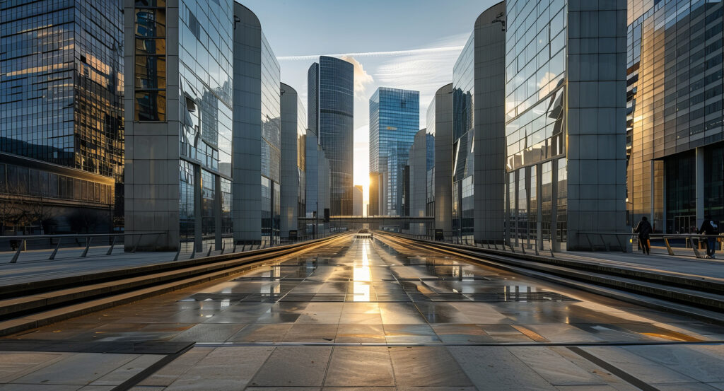 Reflections of Paris skyscrapers in La Defense district
