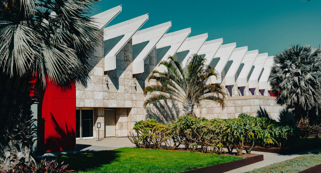 Urban Light installation at LACMA in Los Angeles with rows of vintage street lamps