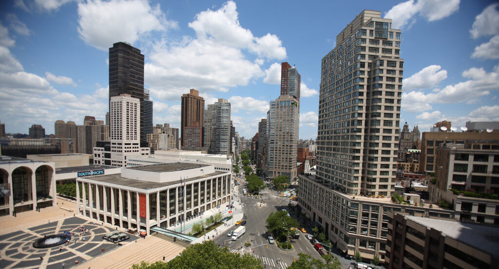 Lincoln Center fountain illuminated at night